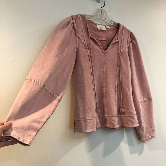 NEW Anthropologie Maeve Pink Structured Bohemian V Neck Tassle Sweatshirt XS NWT - Picture 3 of 10